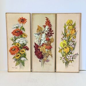 Vintage Robert Laessig A.N.A. Floral Art Plaques– Set of 3 – 1966 Lithos on Wood